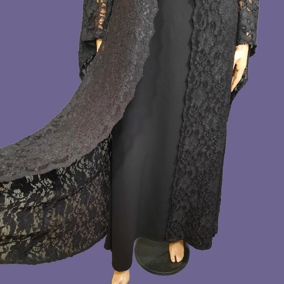 Gothic Witchy Medieval Maxi Dress M Long Bell Sleeves Black Lace Evening Wedding - Picture 4 of 12